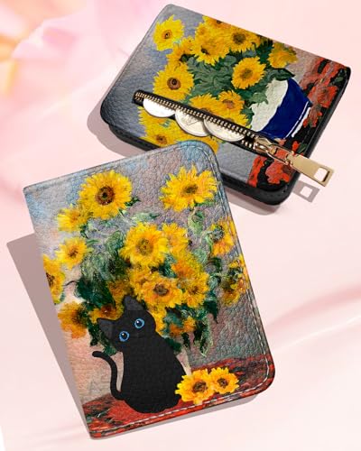 Image of Bistup Leather 12 Slot Accordion Card Holder Wallet, Cat Sunflower | Accordion Storage, Zipper Around Closure, Compact Patterned Wallet for IDs, Cards, Cash, Daily Carry and Gifts