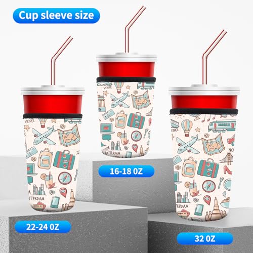 Image of 3 Pack Reusable Neoprene Insulator Sleeve for Iced Coffee Cups, Funny Coffee Cup Sleeves for 16-32oz Coffee cups, Cute Drink Sleeve for Cold Hot Beverages Cute Plane