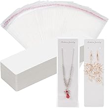 PH PandaHall 100pcs 8x2.3inch Long Necklace Display Cards with 100pcs Clear Self Adhesive Bags, White Jewellery Display Cards Paper Hanging Cards Necklace Holder Organizers Packaging for Business