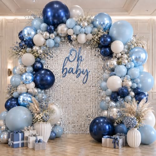 Image of Navy Blue Silver Balloons, 50 Packs 12 Inch Dark Pearl Blue Metallic Light Blue Balloon with Metallic Silver White Balloon for Birthday Graduation Wedding Bridal Baby Shower Party Decorations