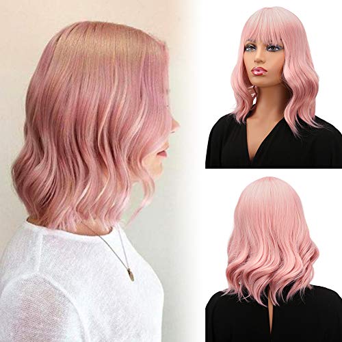14'' Short Curly Synthetic Wig Short Bob Pink Wig Pastel Wavy with Air Bangs Wig Cap Included for Women Girl's Colorful Costume Wigs