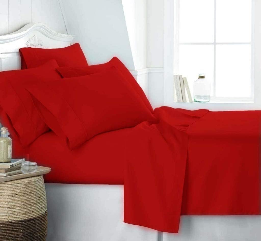 KBC linen 6 Piece Hotel Luxury Soft 100 Percent Cotton Bed Sheets Set, 12" - 14" Deep Pocket Fitted Sheet, Hypoallergenic, Wrinkle Free Bedding Set (King, Red)