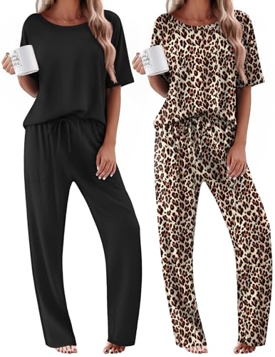 Image of Ekouaer 2 Pack Womens Pajamas Sets Short Sleeve Long Pants Pjs Lounge Set