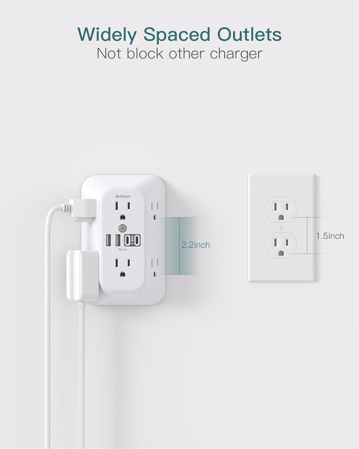 Addtam Outlet Extender Surge Protector, 6-Outlet Splitter with 4 USB Wall Charger(2 USB-C Ports), Multi Plug Wall Outlet 1800J Power Bar for Home Office Dorm Room Essentials - 5