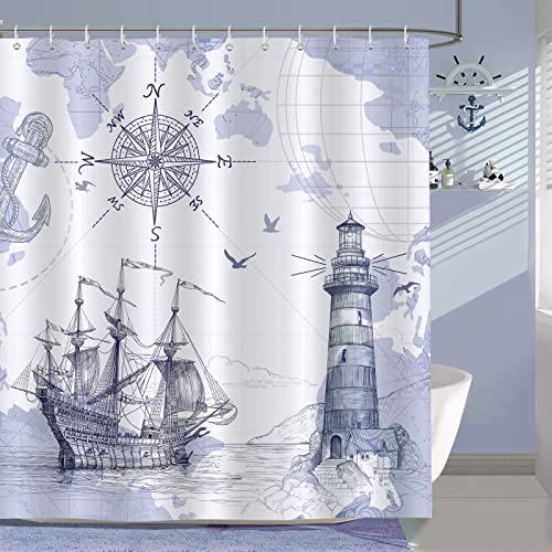 Bonhause Cortina de Ducha Náutico Velero Mapa Brújula Faro Ancla 180 x 180 cm Cortina de Baño de Poliéster Impermeable Antimoho Lavable Cortina Ducha con 12 Ganchos