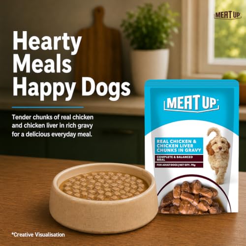 Image of Meat Up Adult Wet Dog Food, 16 Pouches x 70g, Total 1.12kg | Real Chicken in Gravy | Healthy Digestion | Promotes Health & Vitality | Complete and Balanced Meal