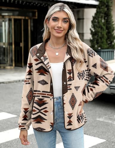 Zeagoo Women's Cozy Fleece Jacket Western Aztec Print Snap Button Down Coat with Pockets Casual Warm Outwear 20253