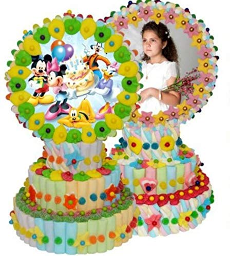 Original Tarta de Golosinas con Oblea'Dibujos Surtidos' 2 Pisos. Caramelos y Dulces. Regalos para Cumpleaños, Bodas, Bautizos, Comuniones.(Feliz Cumpleaños)
