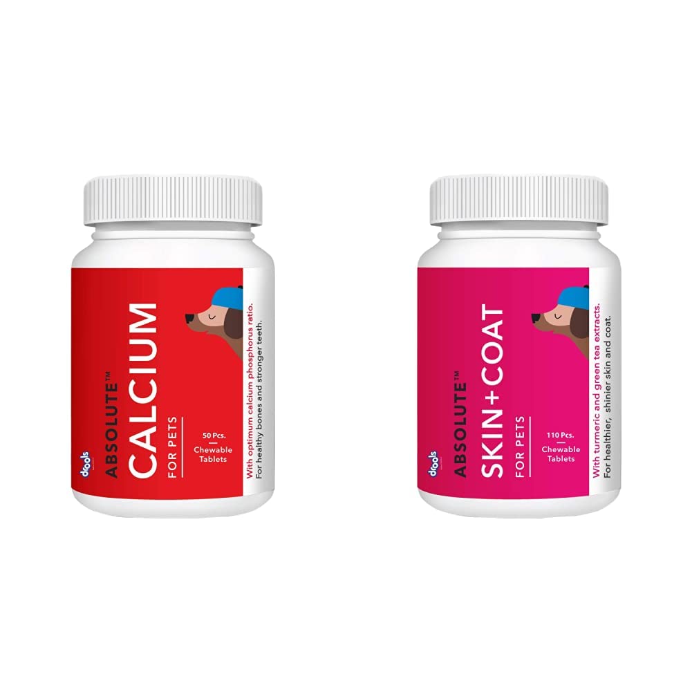 Drools Absolute Calcium Tablet- Dog Supplement, 50 Pieces and Absolute Skin + Coat Tablet- Dog Supplement, 110 Pcs/400gm
