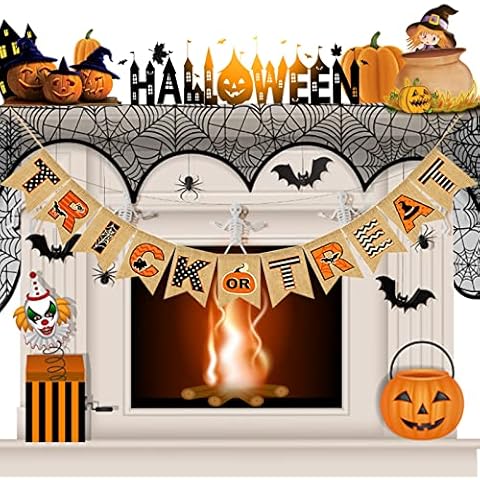 Halloween Banner Burlap Fireplace Decor, Halloween Trick or Treat Burlap Banner, Multicolor Halloween Decorations Banner for Fireplace Wall Porch and Party Cover