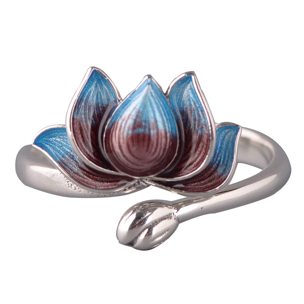 Bague fleur de lotus émail en argent sterling 925 pour femmes filles ouverte réglable