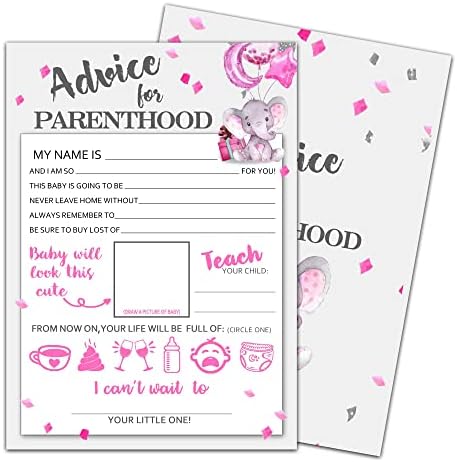Advice For Parenthood Baby Shower, Pink Elephant Newborn baby Party Supplies, New Parent Message Advice Book Mommy Daddy to Be Keepsake Party Favor Supplies Decoration -30 Game Cards(b007-yx13)