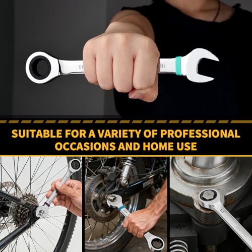 Image of GRENPRO 23PC Ratcheting Combination Wrench Set SAE Metric Mechanic Tools | 1 /4 inch-3 /4 inch&6-18MM with Bolt Gauge, CR-V Steel 72-Tooth 5-Degree Swing 12Pt, Color Rings, Roll Pouch for Auto & Home Repair