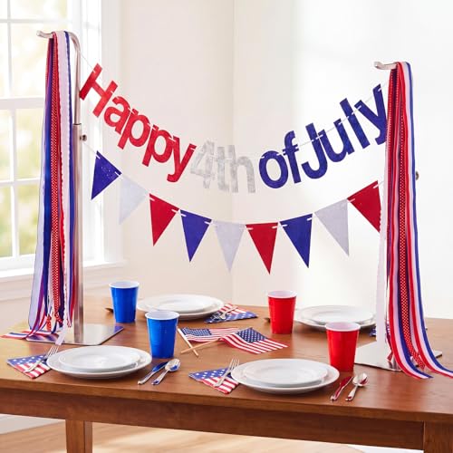 Breling 4th of July Tabletop Decoration Set 2 Stainless Steel Display Stands with Happy 4th of July Banner & Red White Blue Ribbon Table Centerpiece Decor for 250th Independence Day Party Home Office