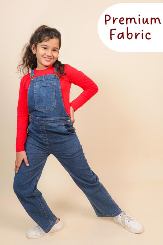Image of Tweeny Mini Girls Pure Cotton Denim Dungaree for Kids | Relaxed Fit Full Length Overall Outfit with Pockets | Adjustable Straps
