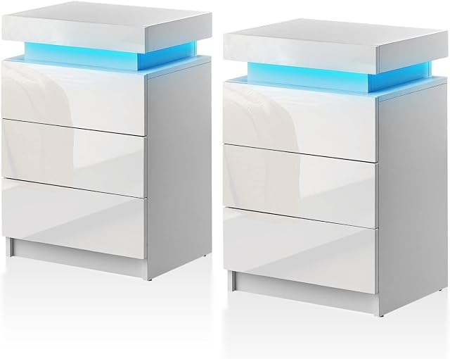 TUKAILAi LED Bedside Table Set of 2 with 3 Drawers and Top Storage, White Bedroom Cabinet with LED Light, Nightstand High Gloss Front Bed Cabinet Chest of Drawers Living Room Bedroom Furniture