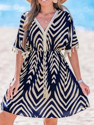Image of CUPSHE Women Tassel Trim Summer Dress V Neck Lace Short Sleeve Paisley Boho Casual Sundress Holiday Beach Mini Dress
