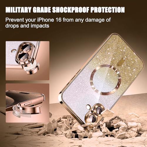 Image of Misscase for iPhone 16 Magnetic Glitter Case Compatible with MagSafe,Camera Lens Protector Full Protection Elegant Anti-Scratch Dust-Proof Net Case Cover for iPhone 16 Gold
