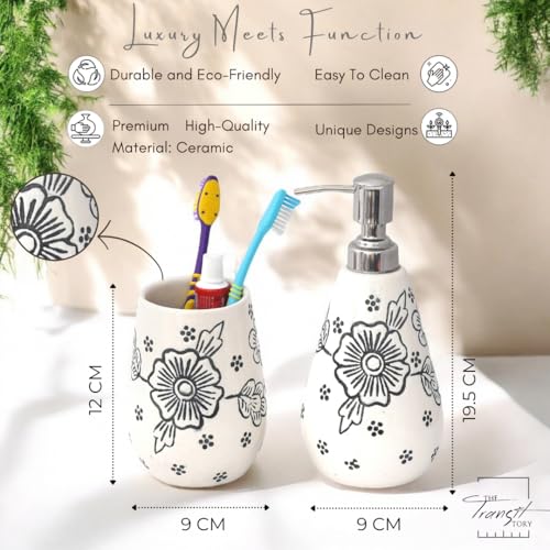 Image of Hand-Painted Ceramic Bathroom Accessories Set of 2 | 300ml Liquid Soap Dispenser & Toothbrush Holder | Rust-Proof Bathroom Organizer for Home & Wash Basin Decor | White Flower