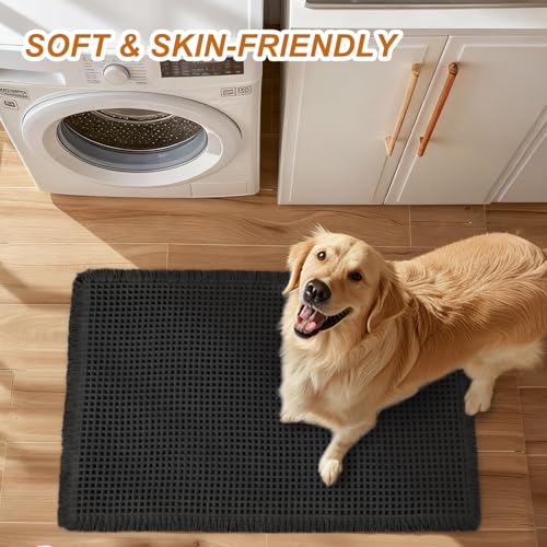 Siyaluens Luxury Waffle Bath Mat, Super Absorbent Non Slip Bathroom Rugs, Boho Ultra Soft Comfort Machine Washable Quick Dry Floor Mats with Tassels (Black, 17" x 24" + 24" x 72") — view 2