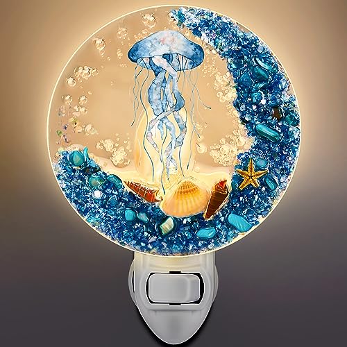 Image of Hortsun Plug in Seashell Night Light Ocean Sea Animal Decorative Night Light Plug in Beach Lamps Vintage Ocean Lamps for Adult for Home Bedroom Living Room Bathroom Wall(Jellyfish)