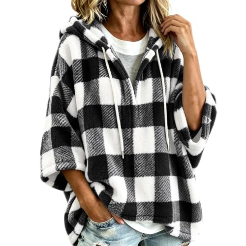 FPMLUXLL Women’s Plaid Sherpa Jacket Winter 3/4 Sleeve Hooded Pullover - image 1