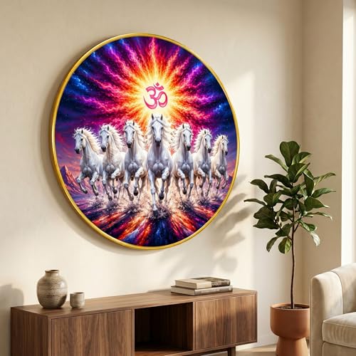 Image of SAF 7 Horse Om Vastu Round Wall Painting with Premium PVC Golden Frame, White Running Horses Colorful Aura Art for Living Room Office Home Decor Gift (20 x 20 Inch) GRL-442