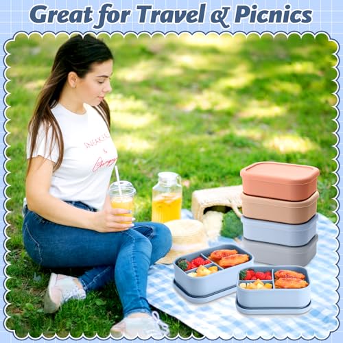 Image of Honeydak 4 Pcs Silicone Bento Box, 3 Compartment Lunch Food Container for Women Men, Leak Proof Microwave Easy to Clean Dishwasher Freezer Safe (Grey,Blue,Khaki,Orange)