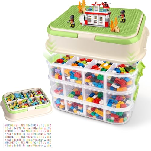 Sosisul Stapelbare Aufbewahrungsboxen für Legosteine mit Bauplatte und Deckel Transparente Sortierbox mit 4 Etagen Bausteine Kiste mit Griffen Organizer Sortiersystem für Bausteine & Puzzle Grün