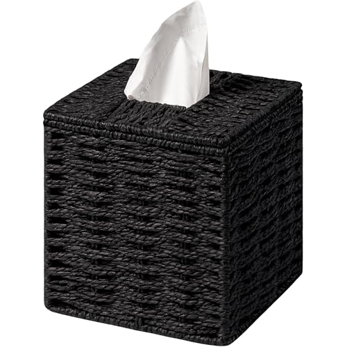 Black Tissue Box Cover Paper Rope Hand Woven Square Tissue Box Holder for Home Decor Bathroom Countertop Office Bedside Table