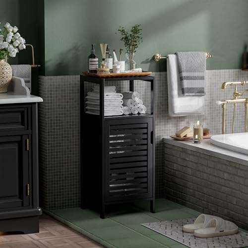 HITNET-Bamboo-Floor-Cabinet-Small-Bathroom-Cabinet-Floor-Standing-4-Tier-Narrow-Side-Storage-Cabinet-Space-Saving-Kitchen-Cupboard-with-Single-Door-Black HITNET Bamboo Floor Cabinet Small Bathroom Cabinet Floor Standing 4 Tier Narrow Side Storage Cabinet Space Saving Kitchen Cupboard with Single Door Black