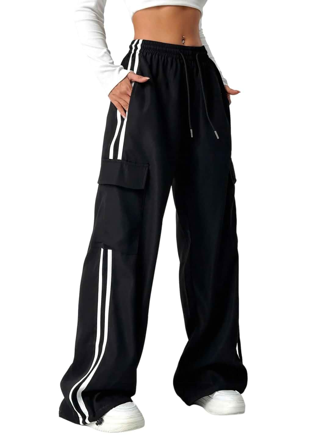 ZAFUL Womens Parachute Pants Y2K Wide Leg Cargo Sweatpants with Pockets Track Pants Straight Drawstring Waist Jogger Pants Athletic Streetwear