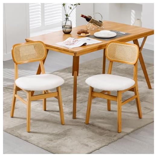 Ya-Home Rattan Dining Chairs Set of 2 Retro Comfort Padded Faux Fur Kitchen Chairs with Wooden Legs for Dining Room, Beige