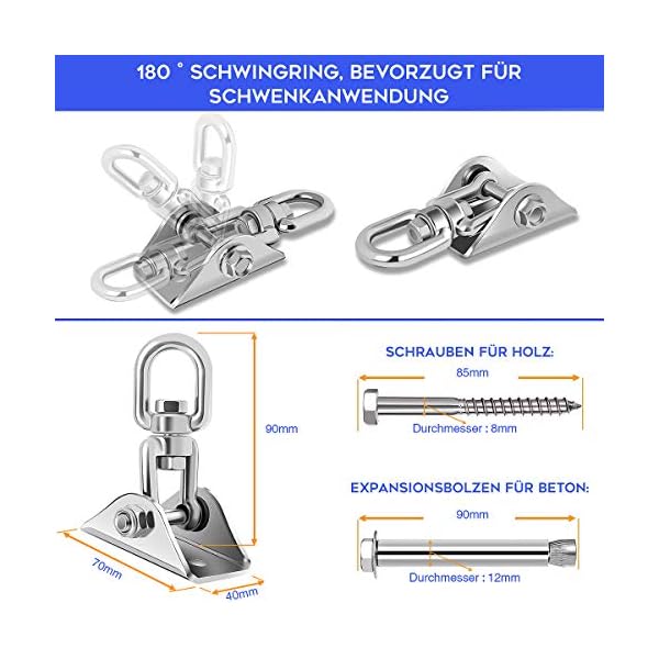 Awroutdoor 2PCS Stainless Steel Swing Hangers, Heavy Duty 360°Swivel Hammock Hooks 1000LB Capacity for Concrete Wooden Sets Playground Porch Indoor Outdoor Seat Trapeze Yoga, GYM - Image 4