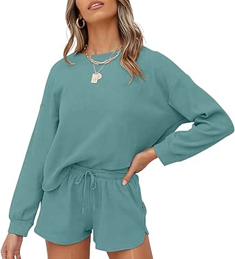 ZESICA Women's Waffle Knit Long Sleeve Top and Shorts Pullover Nightwear Lounge Pajama Set with Pockets