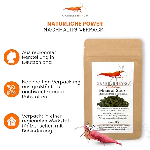 GARNELEN4YOU® Mineral Sticks - mineralienreiches Hauptfutter für Garnelen, Krebse und Schnecken - Premium Garnelenfutter mit erhöhtem Mineralstoffanteil - Made in Germany (30 g)