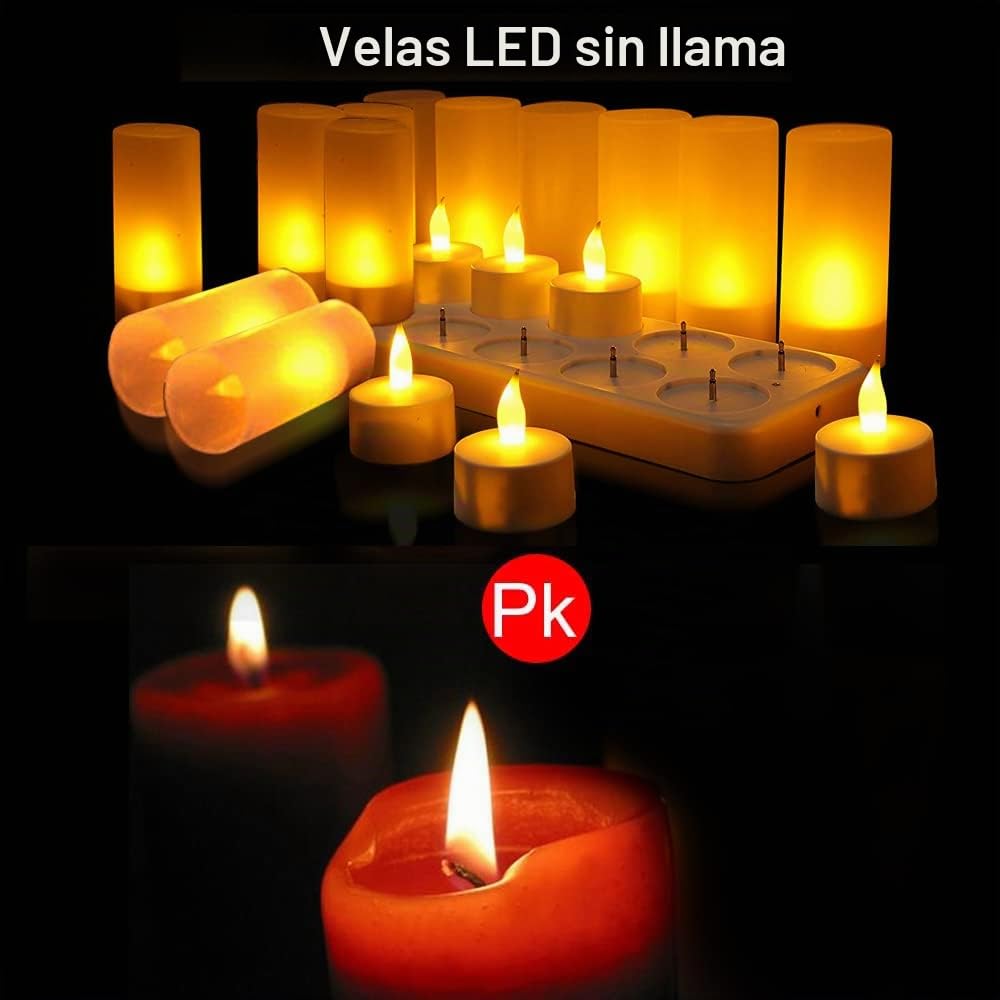 Velas LED sin Llama QSPORTPEAK 12 velas recargables velas LED con batería sin llama con estación de carga, cable USB y vasos para el hogar, Navidad Halloween Decoración