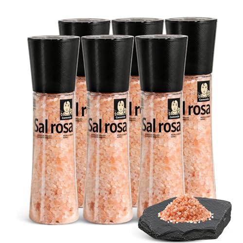 Sal Rosa del Himalaya, Formato molinillo gigante, Apta para realzar todos tus platos y brindar un toque gourmet, sazonar carnes, pescados y verduras, Sin Gluten, Contiene 6 unidades de 370 g
