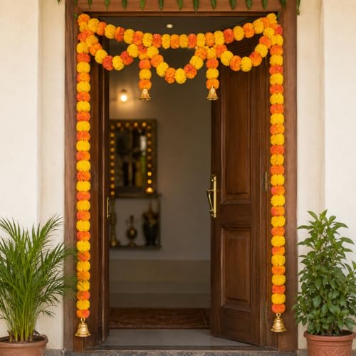 Image of iHandikart Handmade Pack of 2 Artificial Marigold Bandanwar with Bells 57 x 36 Inch for Door Decoration Multicolor Traditional Toran for Makar Sankranti, Lohri, Home Decor & Housewarming(IHK-31360-2)