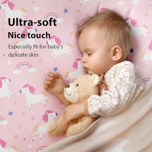 Image of Baby Crib Sheets Girl, 3 Pack Toddler Bed Sheets for 52 inchx28 inch Standard Toddler Mattresses, Soft Microfiber Fitted Crib Sheets Pink Purple Rainbow