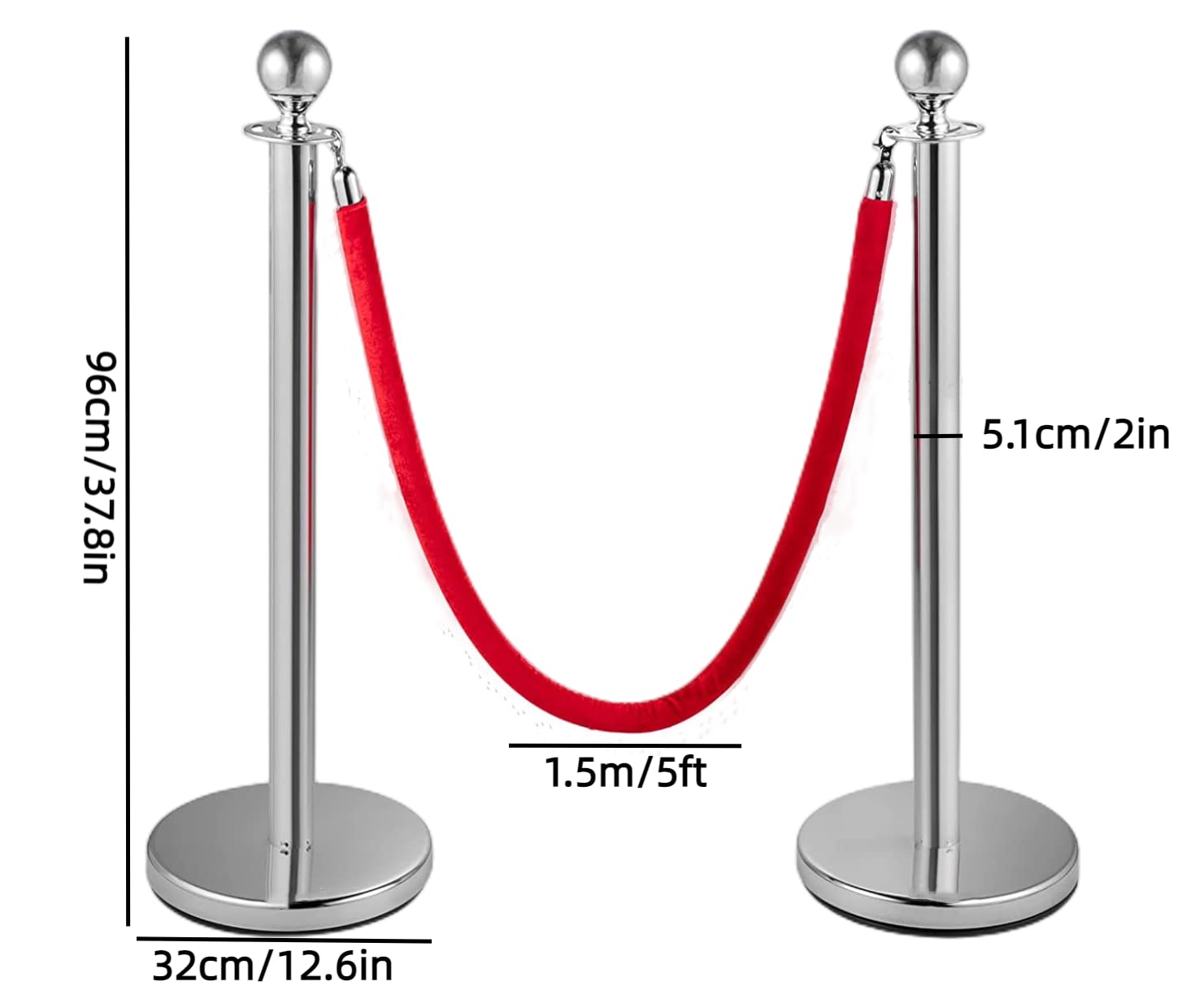 Poteaux de Guidage avec Corde en Velour Rouge 1,5 m, Barrière de Queue pour Contrôle de Foule, Base Creuse Argent