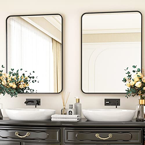 Harritpure Rounded Bathroom Mirror 26“ X 38” Rectangular Wall Mirror Aluminum Alloy Frame Contemporary Hanging Mirror For Living Room Bedroom Bathroom Entryway, Black #TOP2