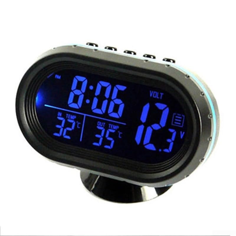 Termómetro digital LCD para coche, pantalla de voltaje con modos de reloj duales y alarma, sensores de temperatura interior y exterior, ajustable para vehículos de 12 V-24 V