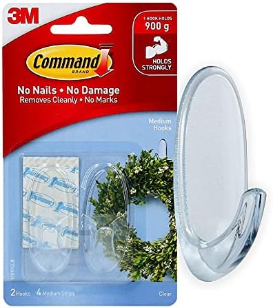 Command Medium Hook, Pack of 2 Hooks and 4 Adhesive Strips, Transparent - Damage Free Hanging - Holds up to 900g