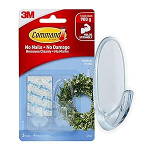 Command Medium Hook, Pack of 2 Hooks and 4 Adhesive Strips, Transparent – Damage Free Hanging – Holds up to 900g