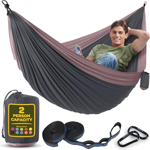 Image of Durable Hammock 500 lb Capacity, Nylon Camping Hammock Chair - Double or Single Sizes w /Tree Straps and Attached Carry Bag - for Travel /Backpacking /Beach /Backyard (Large, Dark Grey & Dusty Pink)
