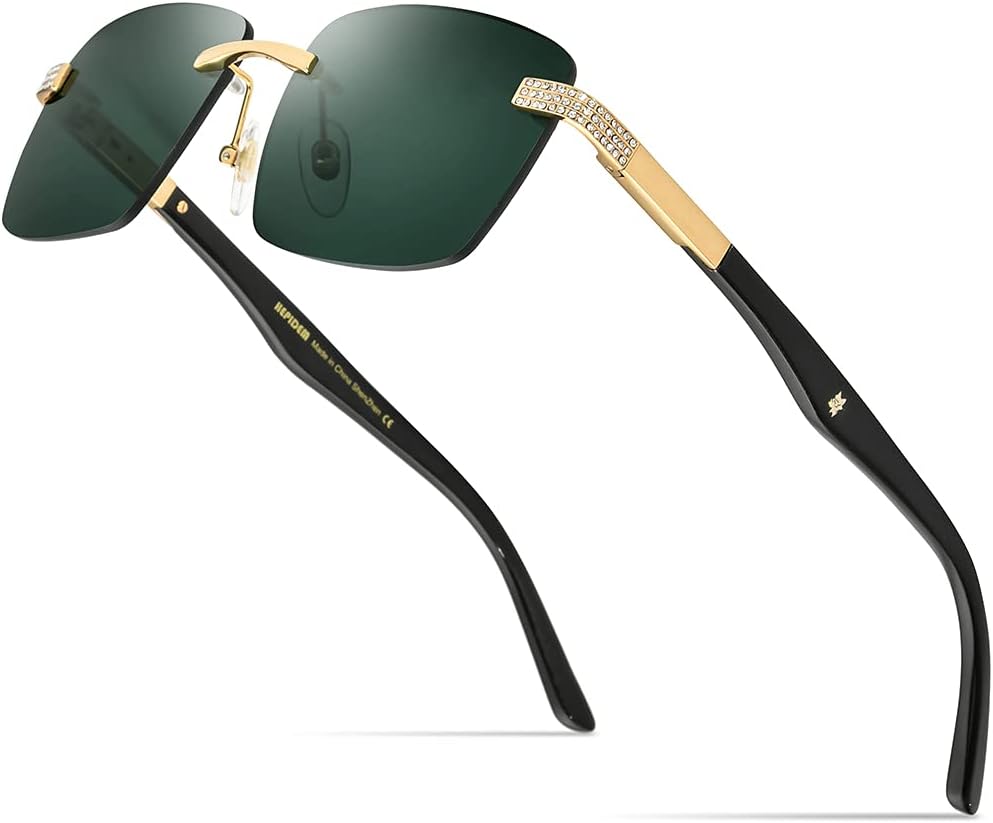 HEPIDEM 100% Really Buffalo Horn Handmade Sun Glasses for Women,Square Rimless Luxury Buffs Sunglasses With Diamonds