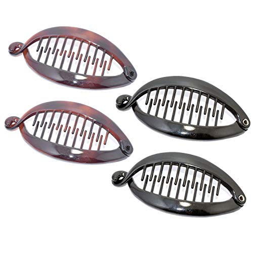 Parcelona French Mini Fish Tortoise Shell and Black 3" Celluloid Set of 4 Ponytail Banana Hair Clips for Women and Girls
