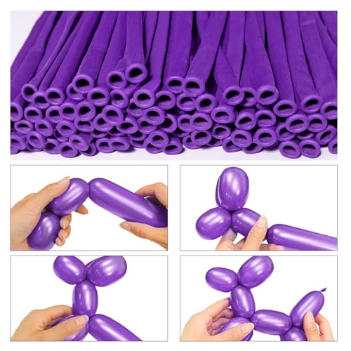 Image of LXZFCRG 260 Long Balloons, Shiny Metallic Latex Twisting Balloon for Balloon Animals, Magic Balloons for Birthdays Wedding Party Decorations 100pcs (Metallic Purple)