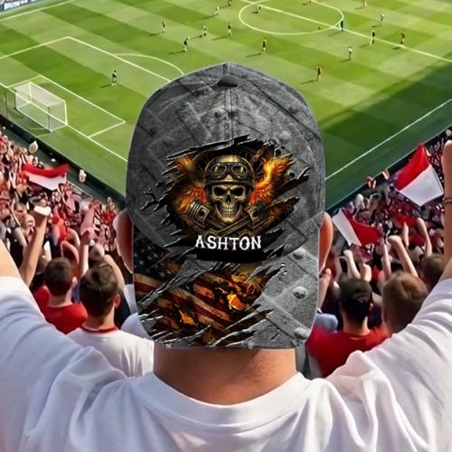 Image of Skull Baseball Cap for Men, Grim Reaper Death Crack Old Metal with Flag, Men's Hat, Adjustable Motorcycle Soft Caps